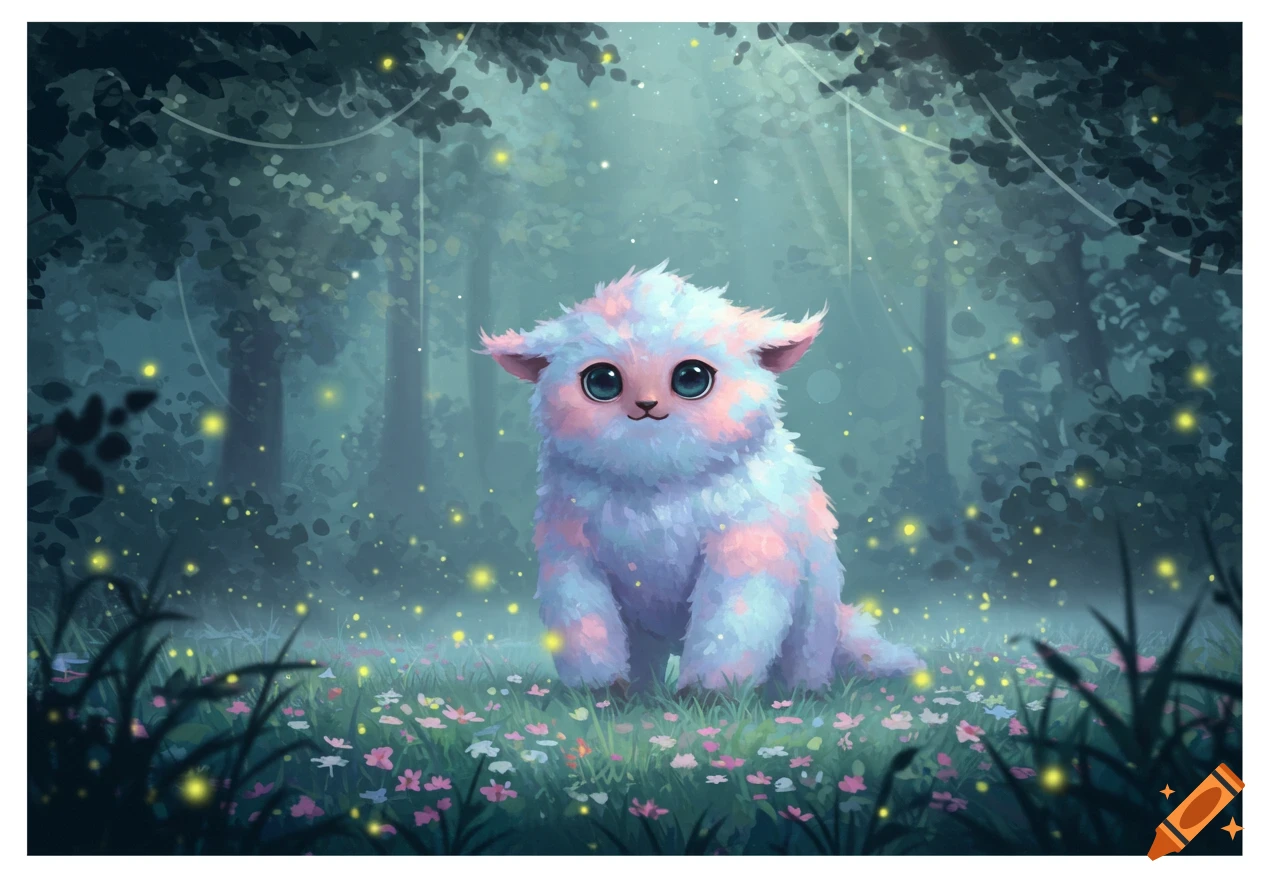 A fluffy white and pink creature with big blue eyes sits in a magical forest with fireflies and wildflowers, whimsical art.