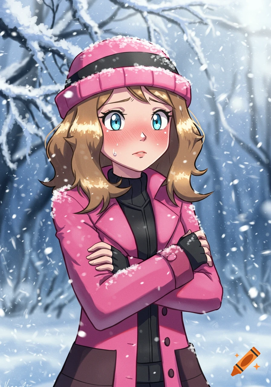 Anime character Serena from Pokemon, with blonde hair and a pink hat, shivers in a snowy forest wearing a pink coat.