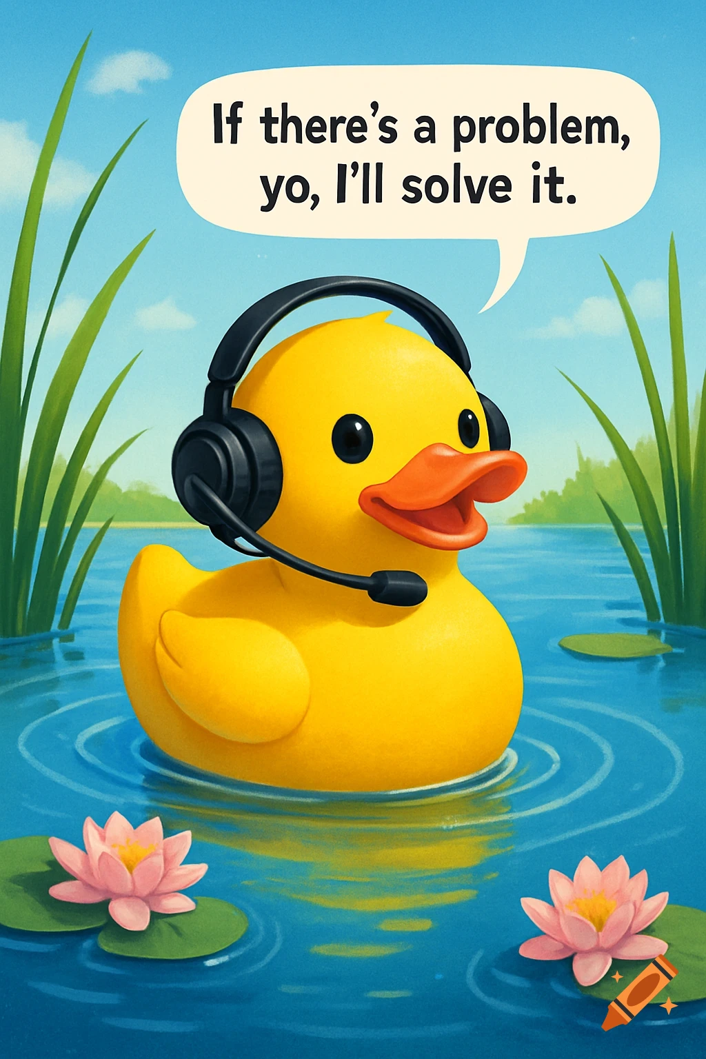 A cartoon rubber duck with a black headset floats in blue water, surrounded by green reeds and pink water lilies. It speaks from a bubble, "If there's a problem, yo, I'll solve it."
