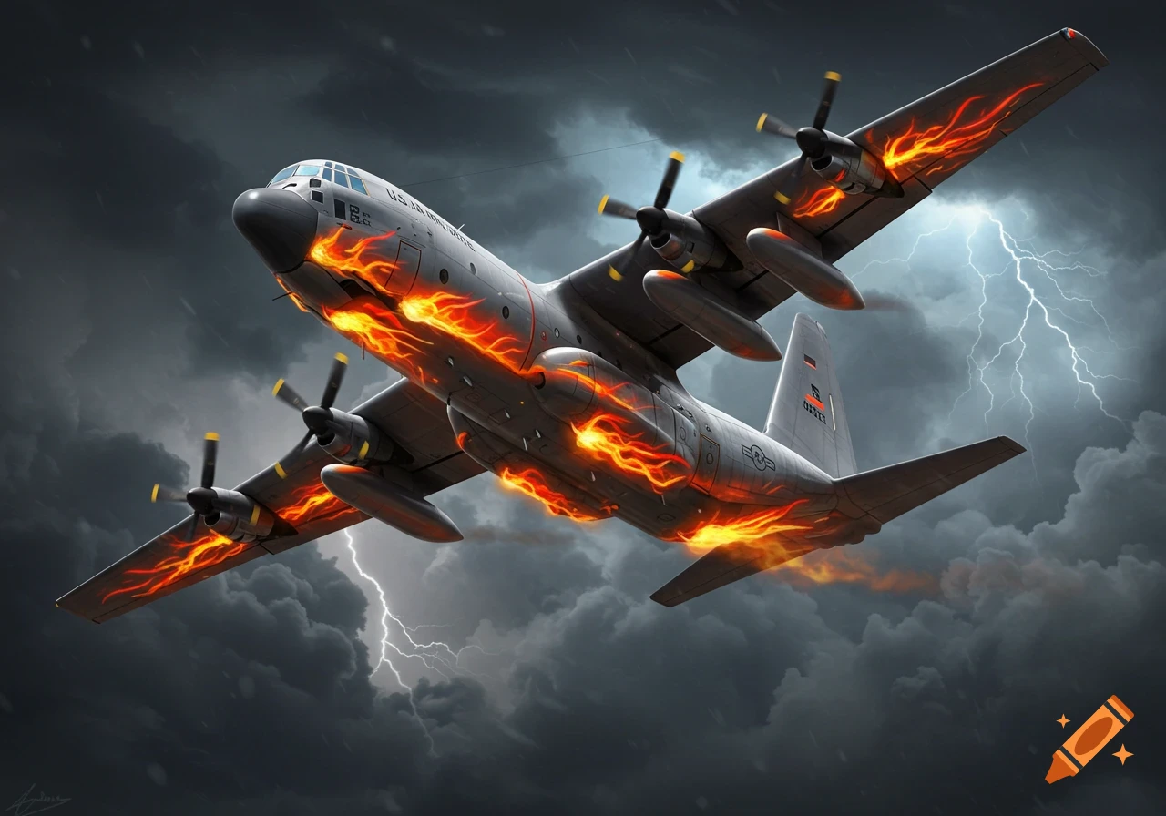 A C-130 Hercules cargo plane with fire stripes painted on its fuselage and wings, flying through a stormy sky with lightning.