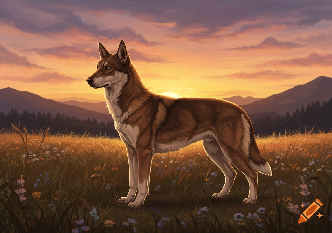 An illustrated wolf-like dog stands in a field of wildflowers at sunset, with mountains and trees in the background.