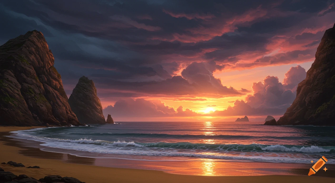 Dramatic sunset over a sandy beach with large rock formations and ocean waves under a stormy sky.