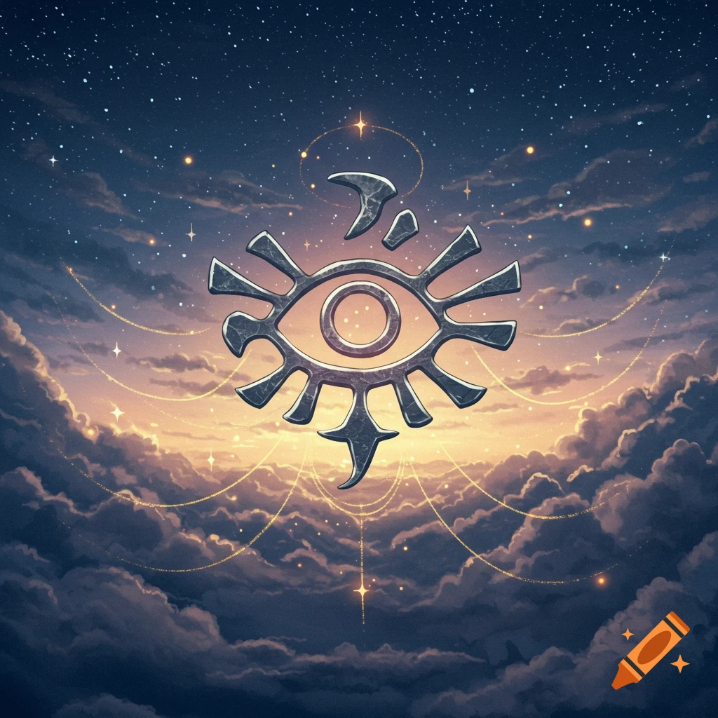 A stylized metallic eye symbol against a cosmic night sky with swirling clouds, stars, and golden light trails.