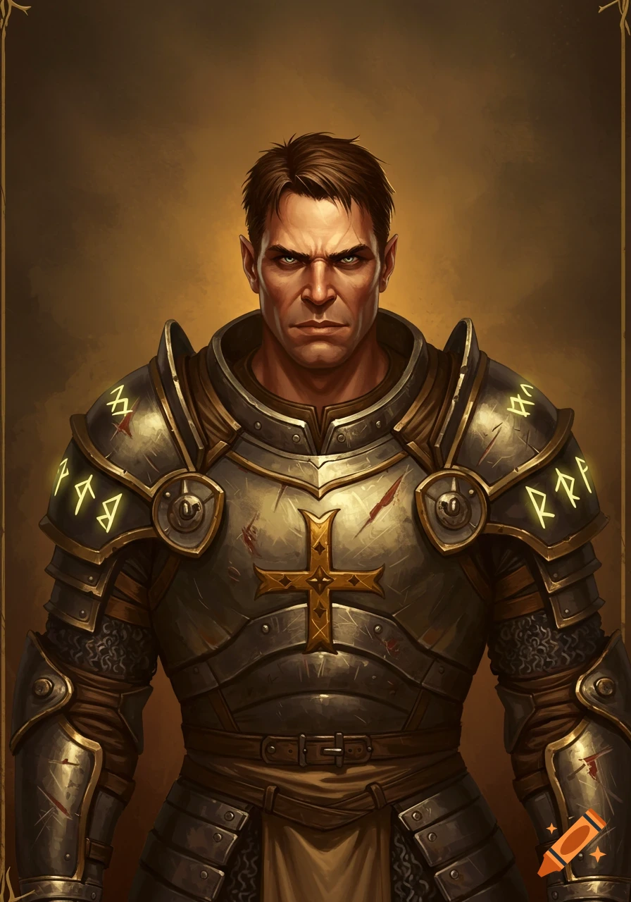 A stern-faced male crusader in ornate, scratched medieval plate armor with glowing runes, depicted in a painterly fantasy portrait.