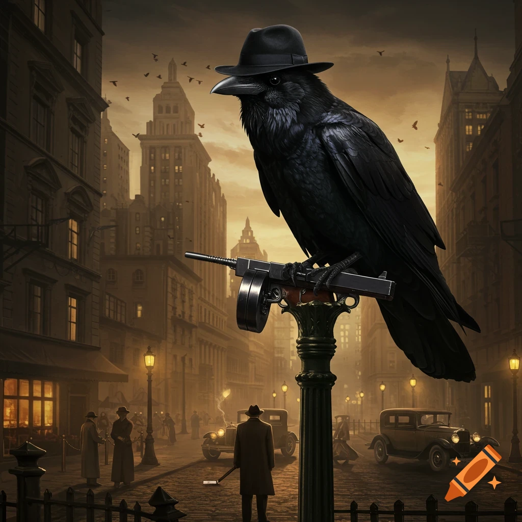 A photorealistic raven wearing a fedora and holding a tommy gun, perched on a lamppost in a 1920s city street.