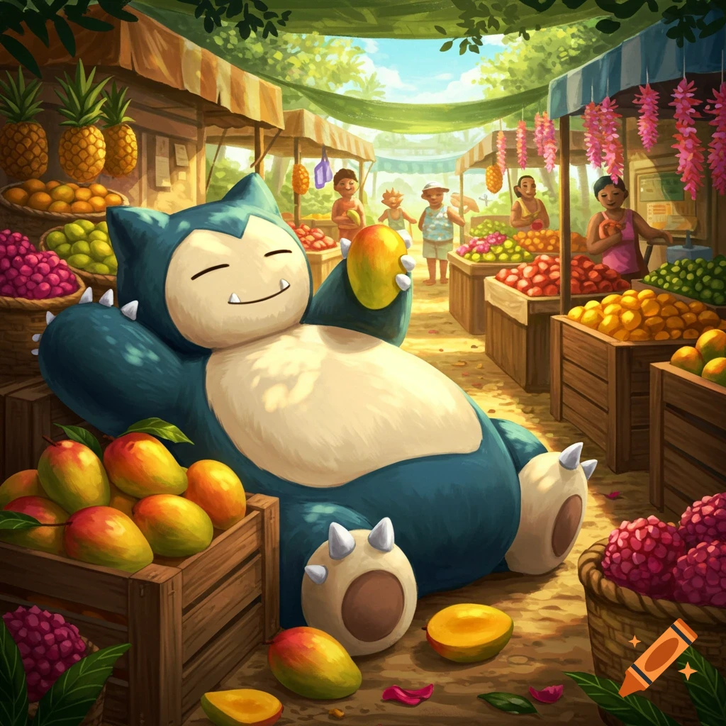 A Snorlax happily lies in a bustling fruit market, holding a mango while  surrounded by crates of fruit. on Craiyon, image size:1024x1024