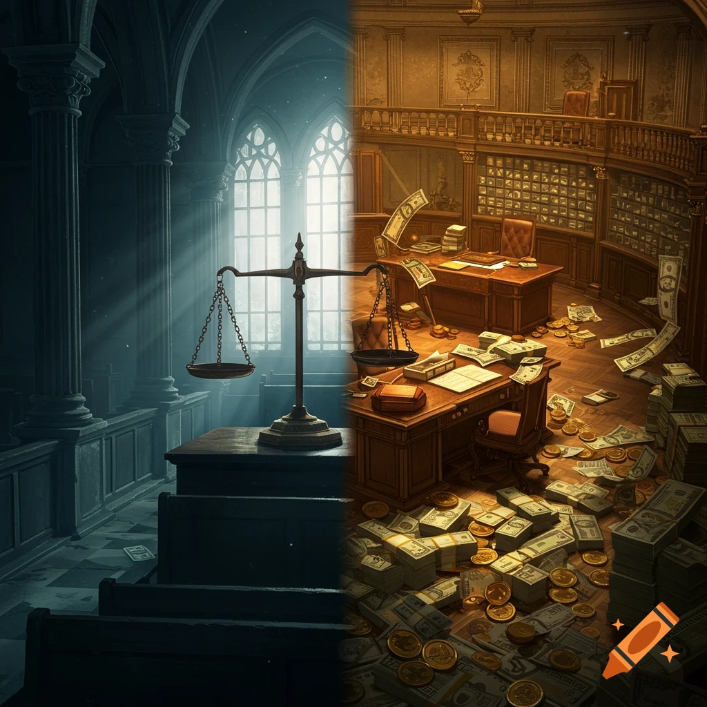 A symbolic split scene contrasts a dark courtroom with scales of justice and a bright treasury office overflowing with money and papers.