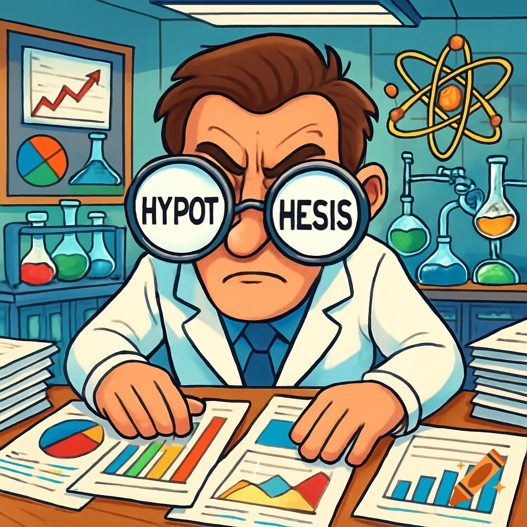 A cartoon scientist wearing glasses labeled 'HYPOT' and 'HESIS' stares sternly at data papers in a lab.