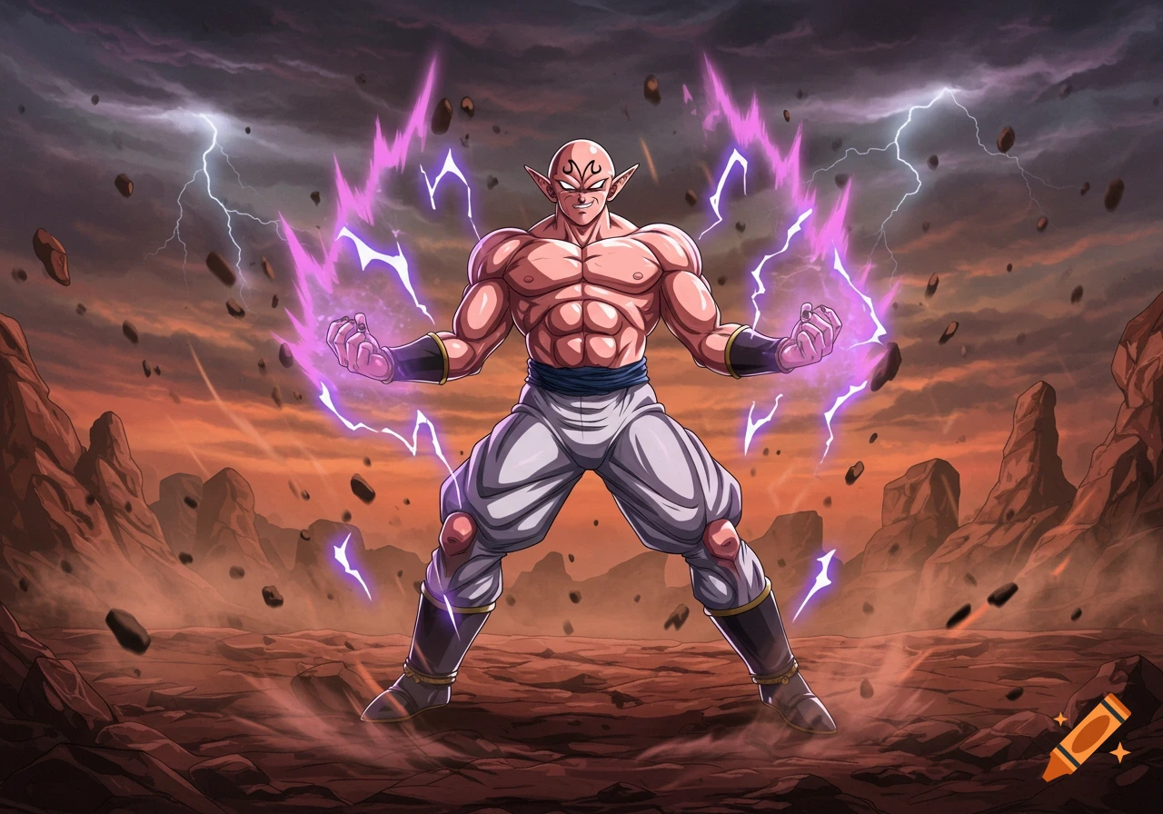 A muscular, bald Majin-like character with pointed ears powers up with purple energy in a rocky, stormy landscape.