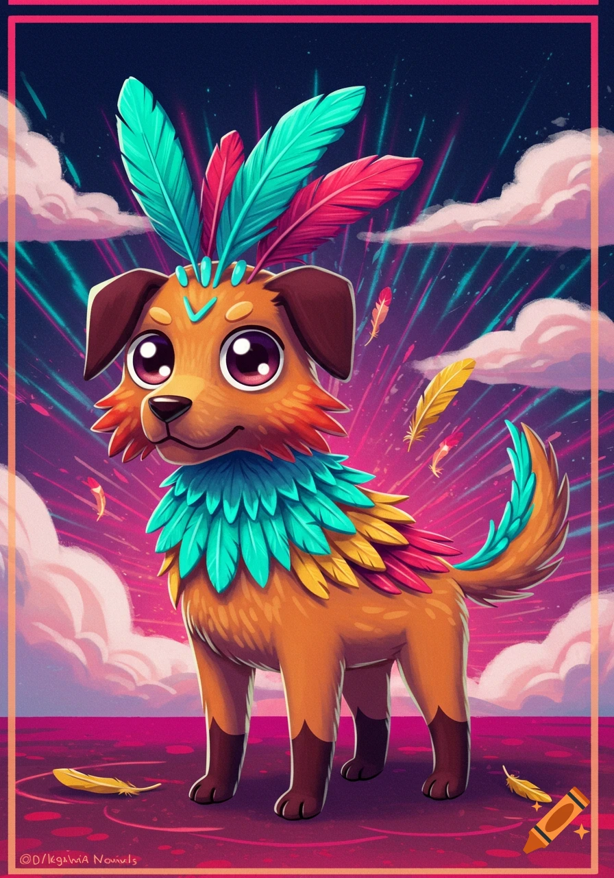 A cartoon dog with large eyes, adorned with colorful feathers in teal, yellow, and pink, standing against a vibrant purple sky with glowing lines and pink clouds.