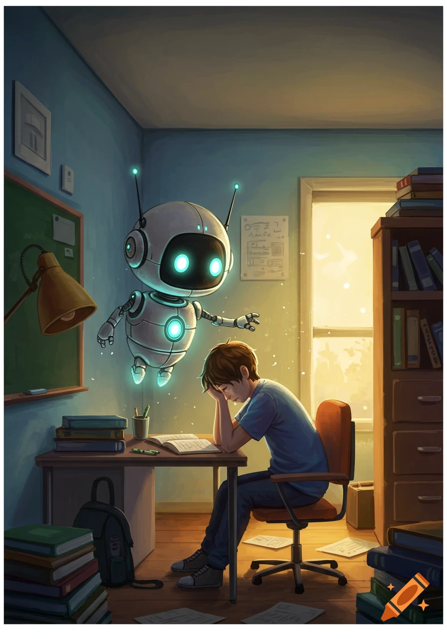 A floating, glowing robot comforts a stressed student slumped over a desk in a digitally illustrated room.