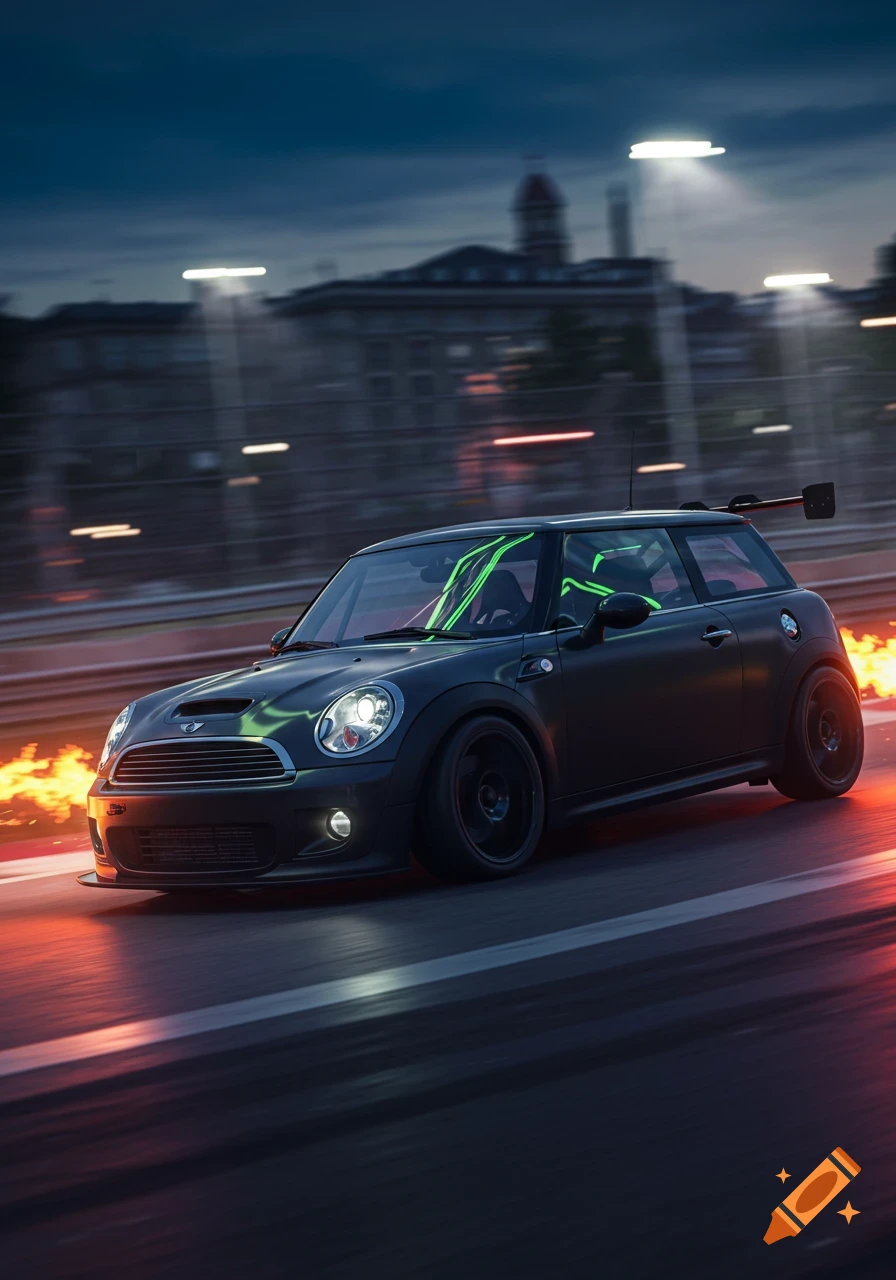 Matte black Mini One R56 race car with glowing green interior lights speeding down a blurred city street at night, photorealistic.