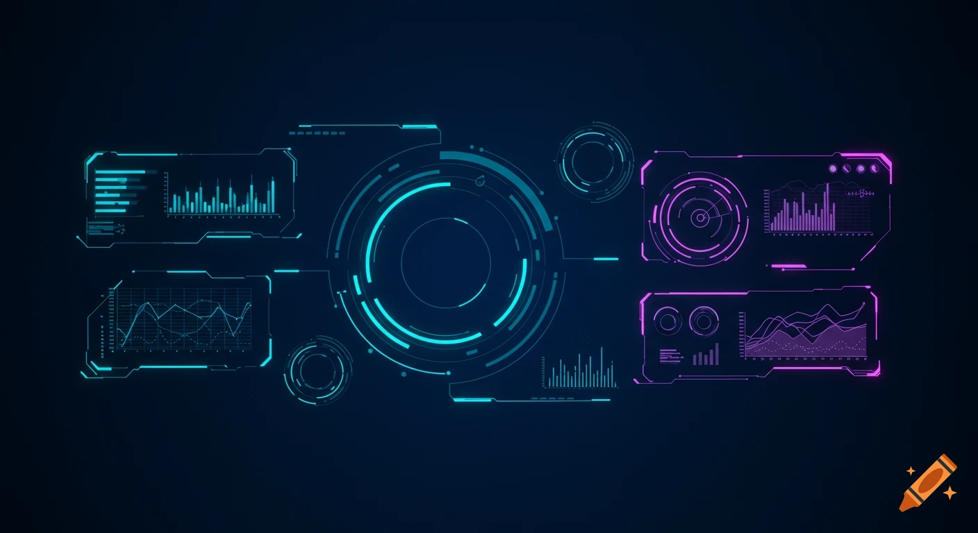 A futuristic blue and magenta heads-up display (HUD) template with various data graphs, charts, and circular readouts on a dark blue background.