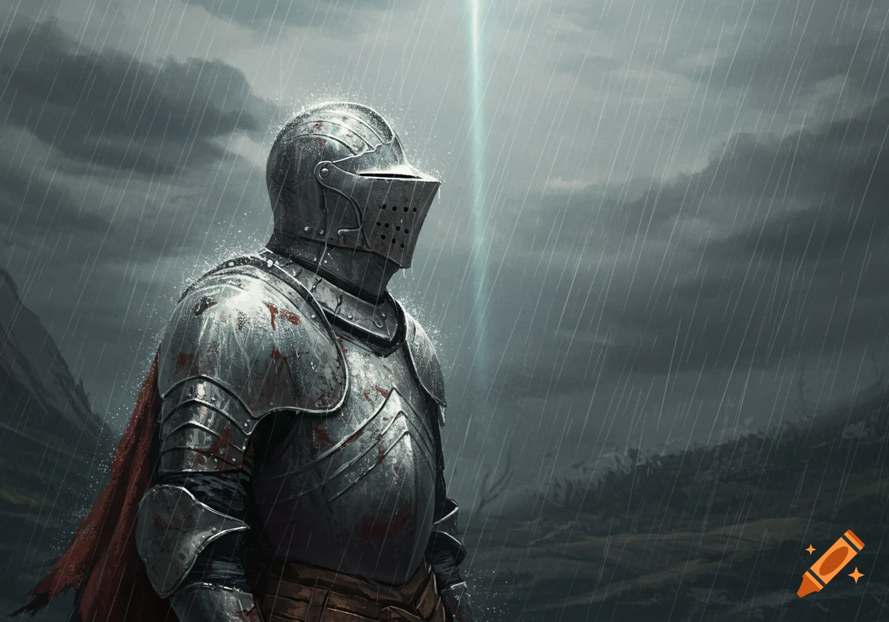 A lone knight in tarnished silver armor stands in the rain, looking up at a beam of light in a dark, stormy landscape.