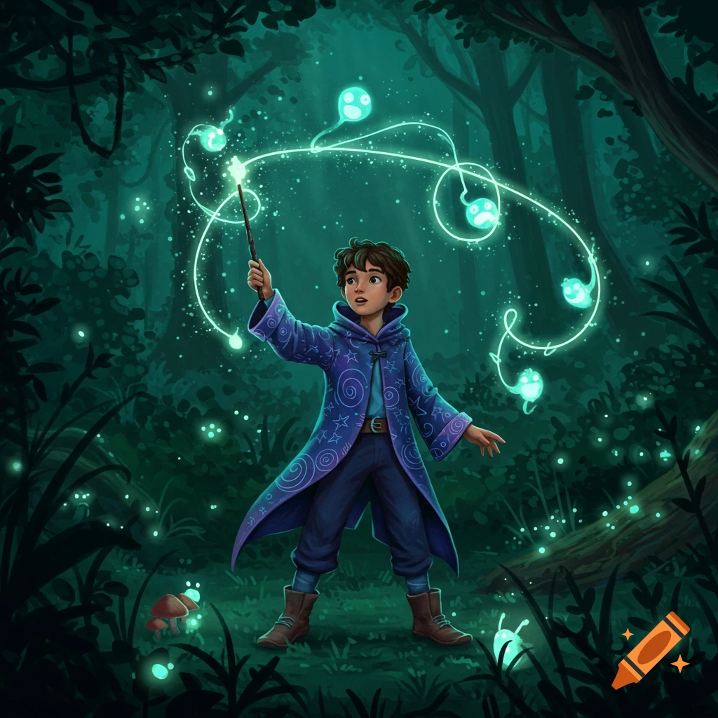 A young magician in a purple starry robe casts a glowing spell, conjuring whimsical teal spirits in a dark, enchanting forest.