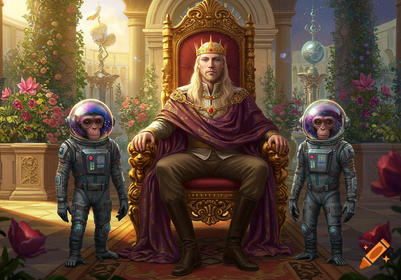 A king with blonde hair and a crown sits on a golden throne, flanked by two monkeys in spacesuits in a lush, ornate garden.