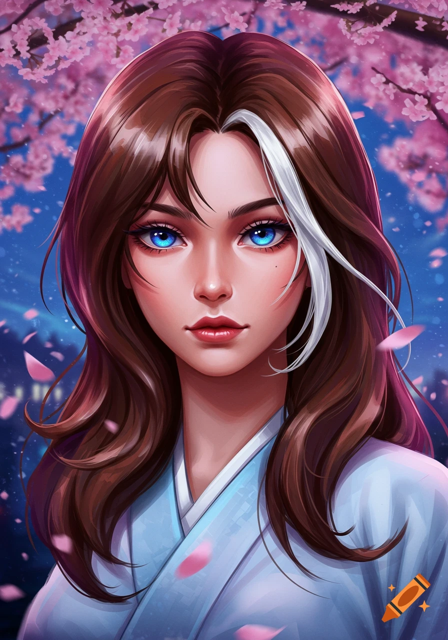 A vibrant digital illustration of an anime woman with brown hair, a white streak, and bright blue eyes, wearing a light blue kimono under pink cherry blossoms at night.