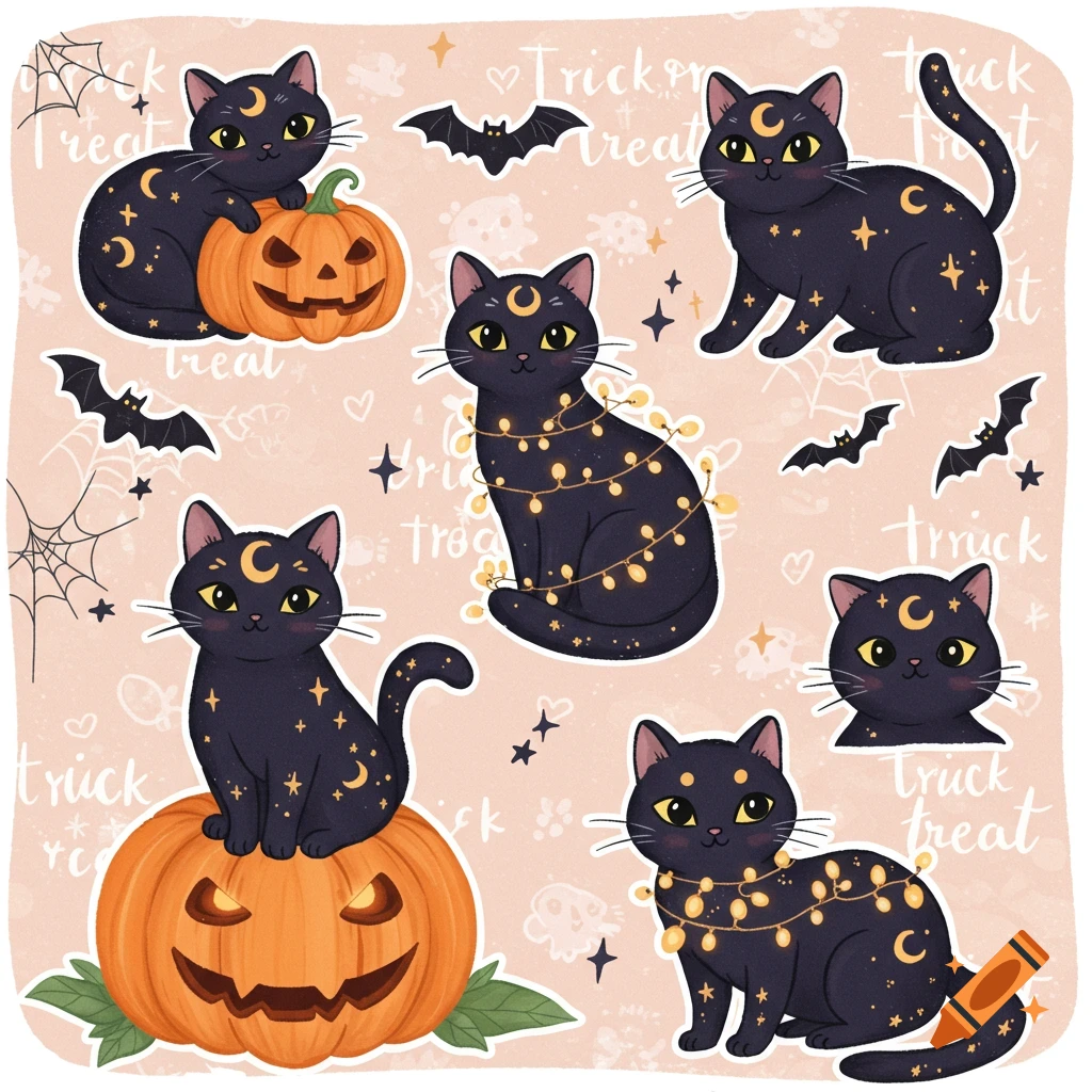 A collection of cute Halloween stickers featuring black cats adorned with crescent moons and stars, some with string lights, alongside pumpkins and bats on a light pink background.