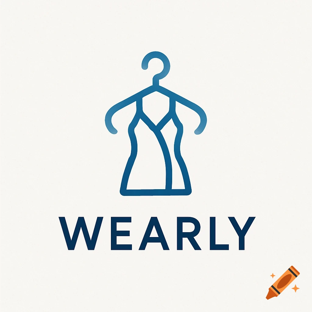Blue minimalist logo featuring a hanger and dress outline above the word WEARLY.