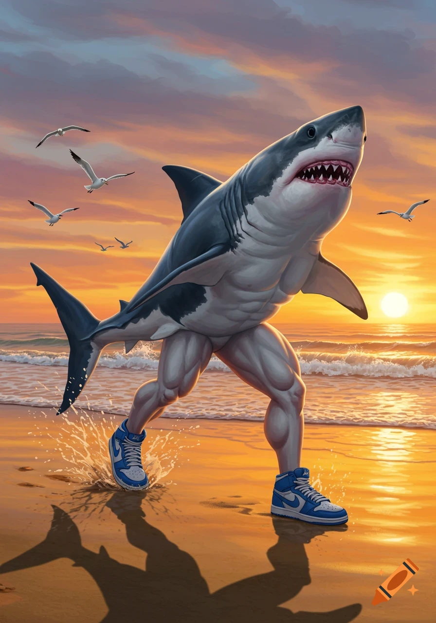 A muscular shark with human legs and blue and white sneakers runs on a beach at sunset, with seagulls flying in the sky.