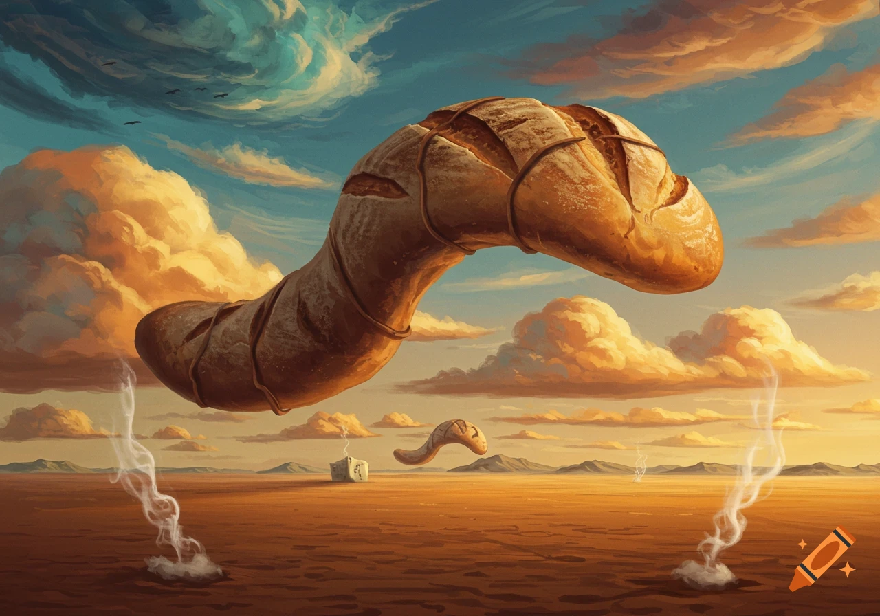 A giant, arching loaf of bread floats above a surreal desert landscape under a dramatic, cloudy sky in a painterly style.