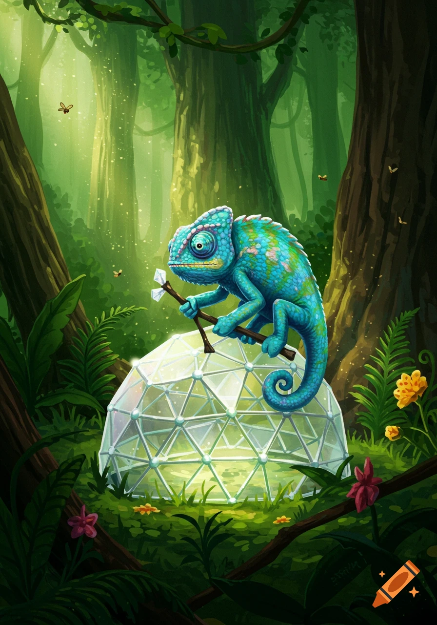 A vibrant blue-green chameleon perches on a glowing geodesic dome in a lush, sunlit forest, illustrated.