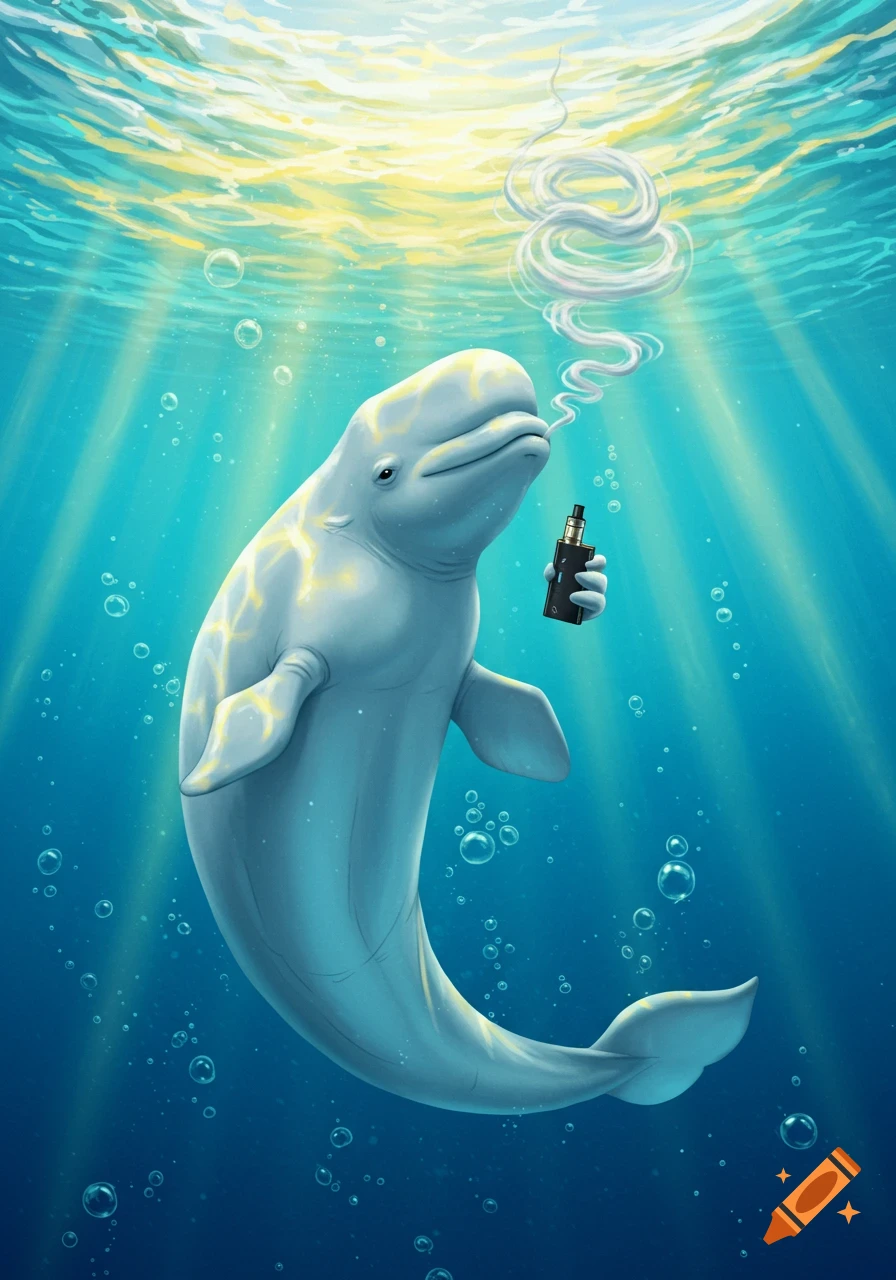 A stylized illustration of a beluga whale underwater, holding a black vape device and exhaling a swirling white vape cloud, with sun rays and bubbles.