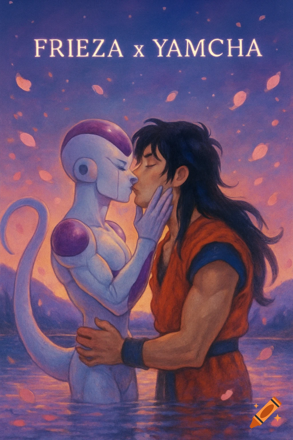Anime illustration of Frieza and Yamcha kissing in water under a romantic pink and purple sky with floating petals.