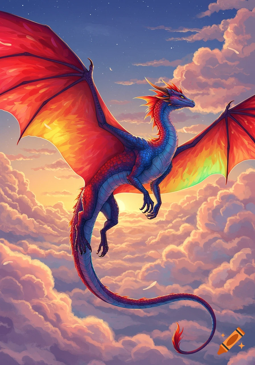 A majestic blue and red dragon with rainbow-colored wings soars gracefully above pink and orange clouds at sunset.