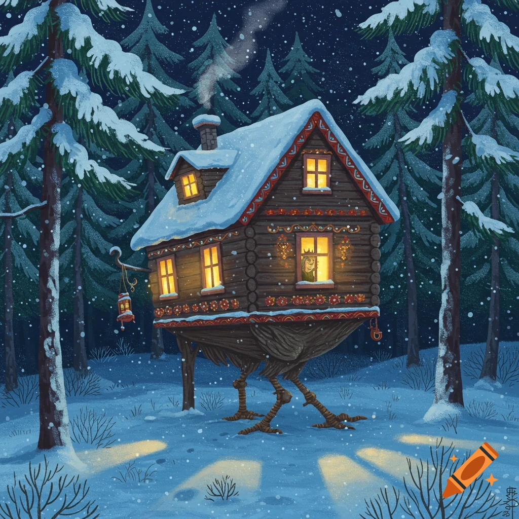 A whimsical wooden hut on chicken legs, covered in snow, stands in a dark pine forest with glowing windows at night, folklore art style.