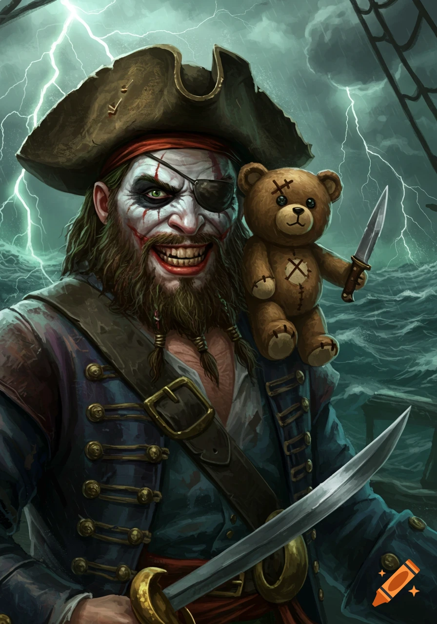 Digital painting of a pirate with Joker face paint, eye patch, beard, holding a knife, a teddy bear with a knife on his shoulder, stormy sea background.