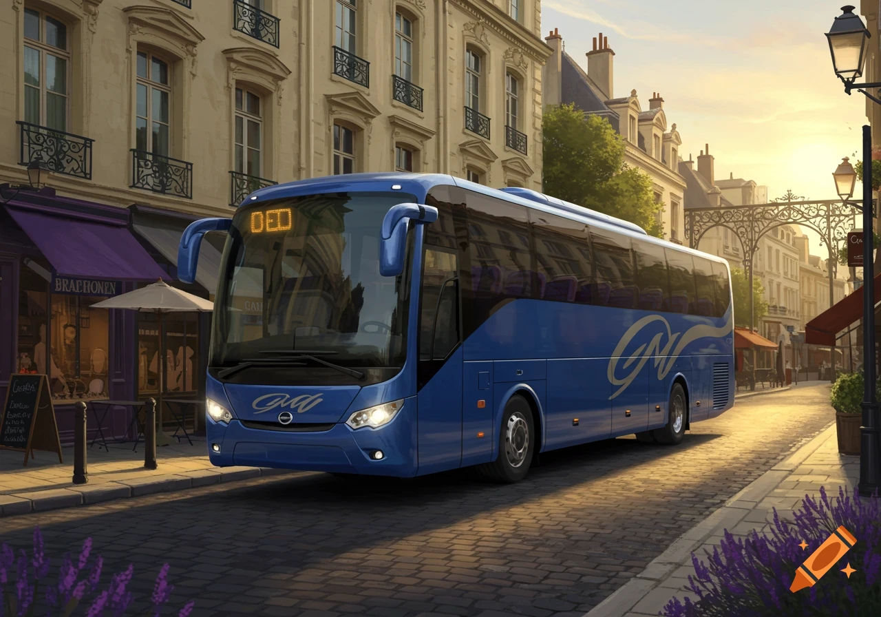 A blue coach bus drives down a cobblestone street in a European city lined with classical buildings, under a sunset sky.