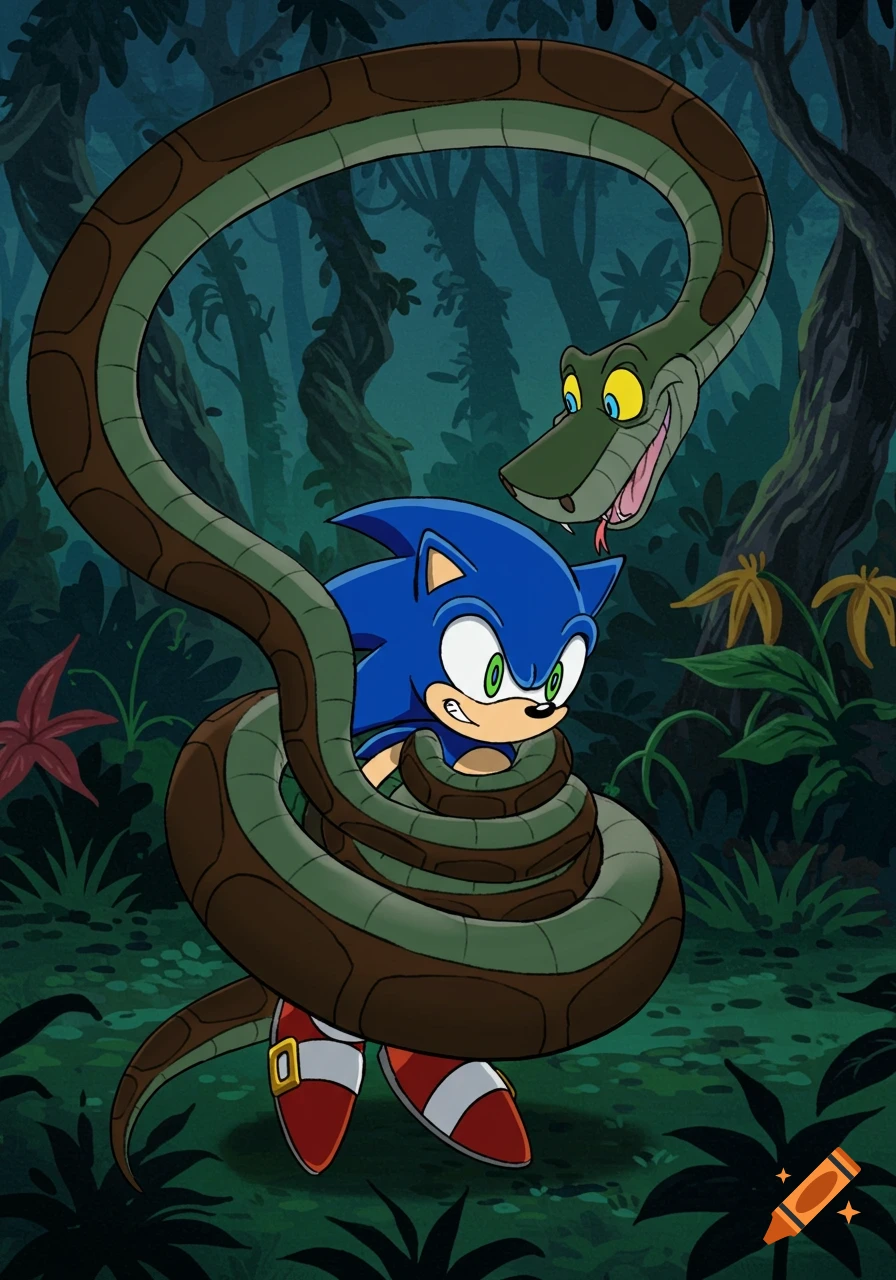 A cartoon python with hypnotized eyes coils around Sonic the Hedgehog in a dark jungle.