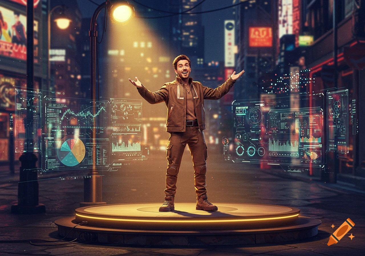 A man in a brown outfit stands on a lit circular stage in a futuristic city at night, gesturing towards two large holographic screens displaying charts and data.