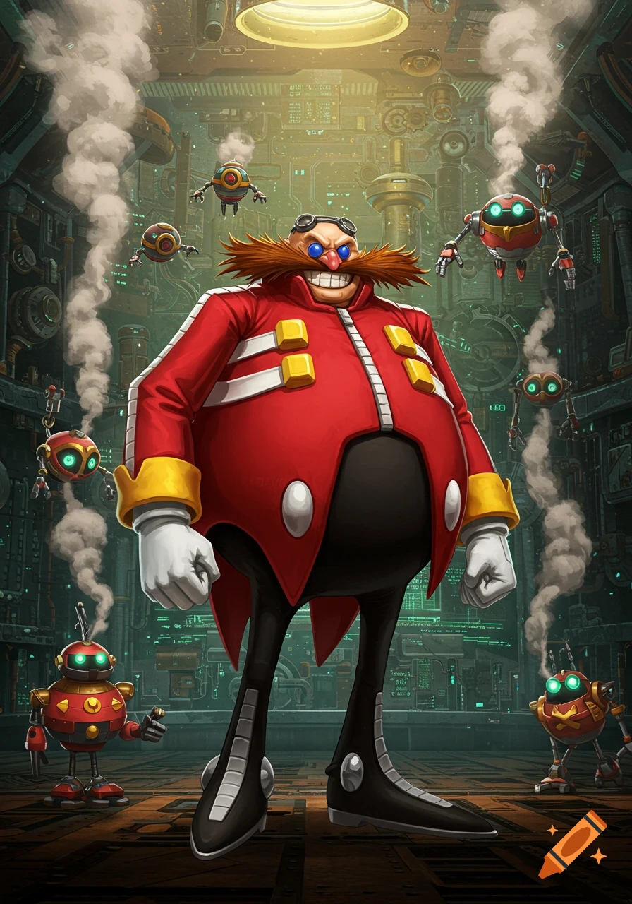 Dr. Eggman grins in a steampunk industrial lab with smoke and small red robots.