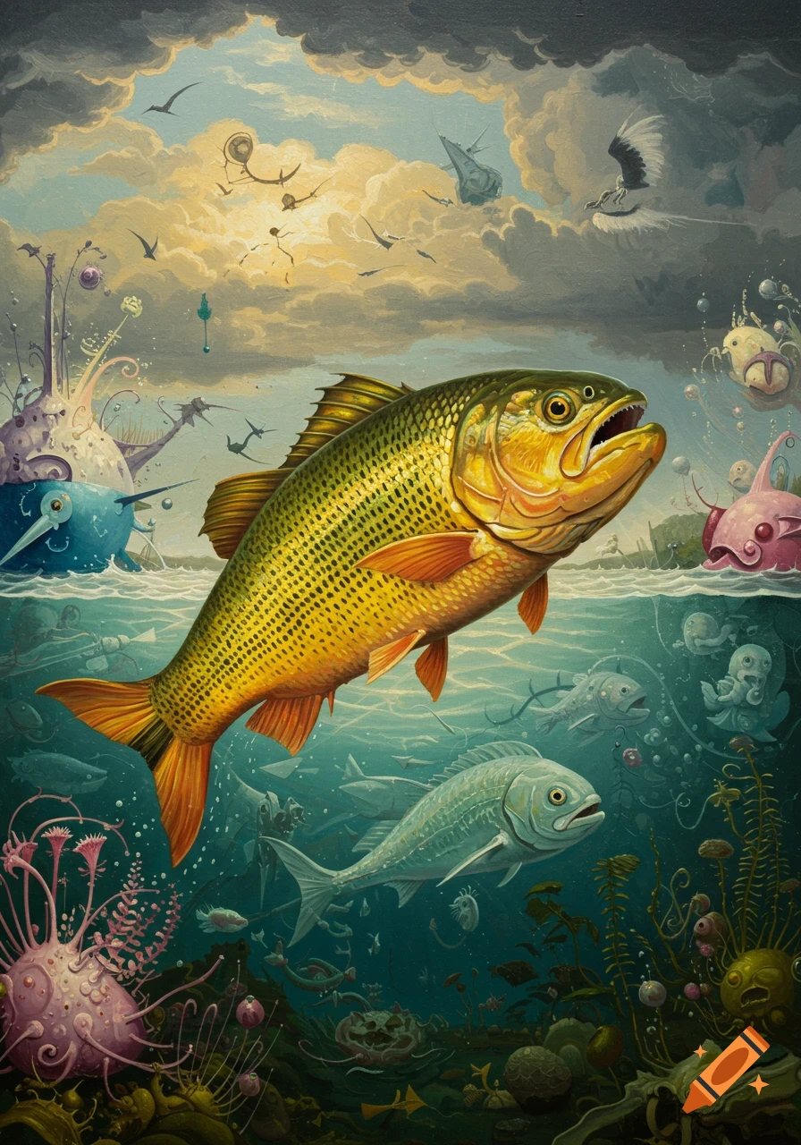 Surreal painting of a golden fish breaching dark waters into a cloudy sky with fantastical flying creatures and grotesque sea life below.