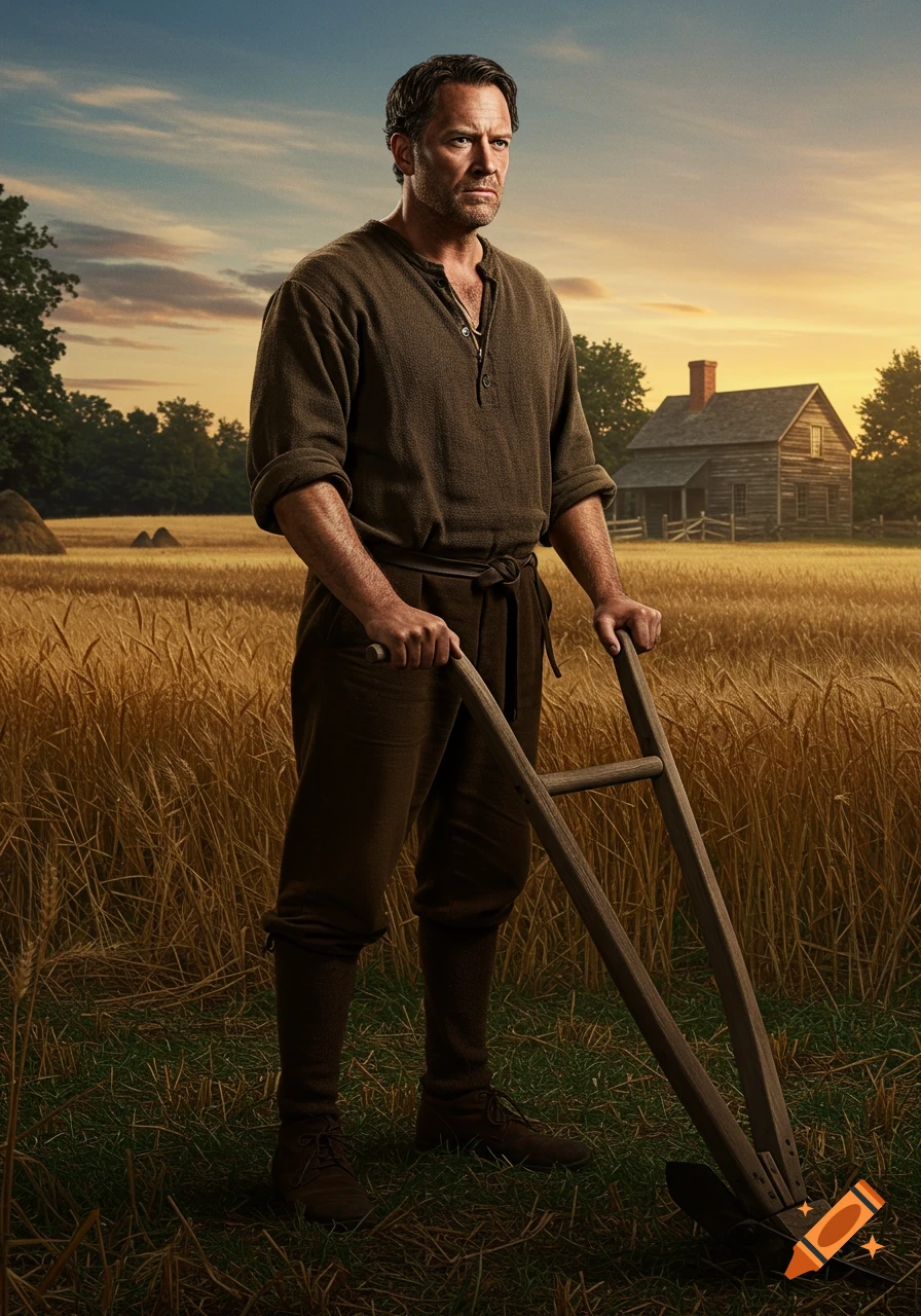 A photorealistic depiction of a serious farmer holding a plow in a golden wheat field with a farmhouse at sunset.