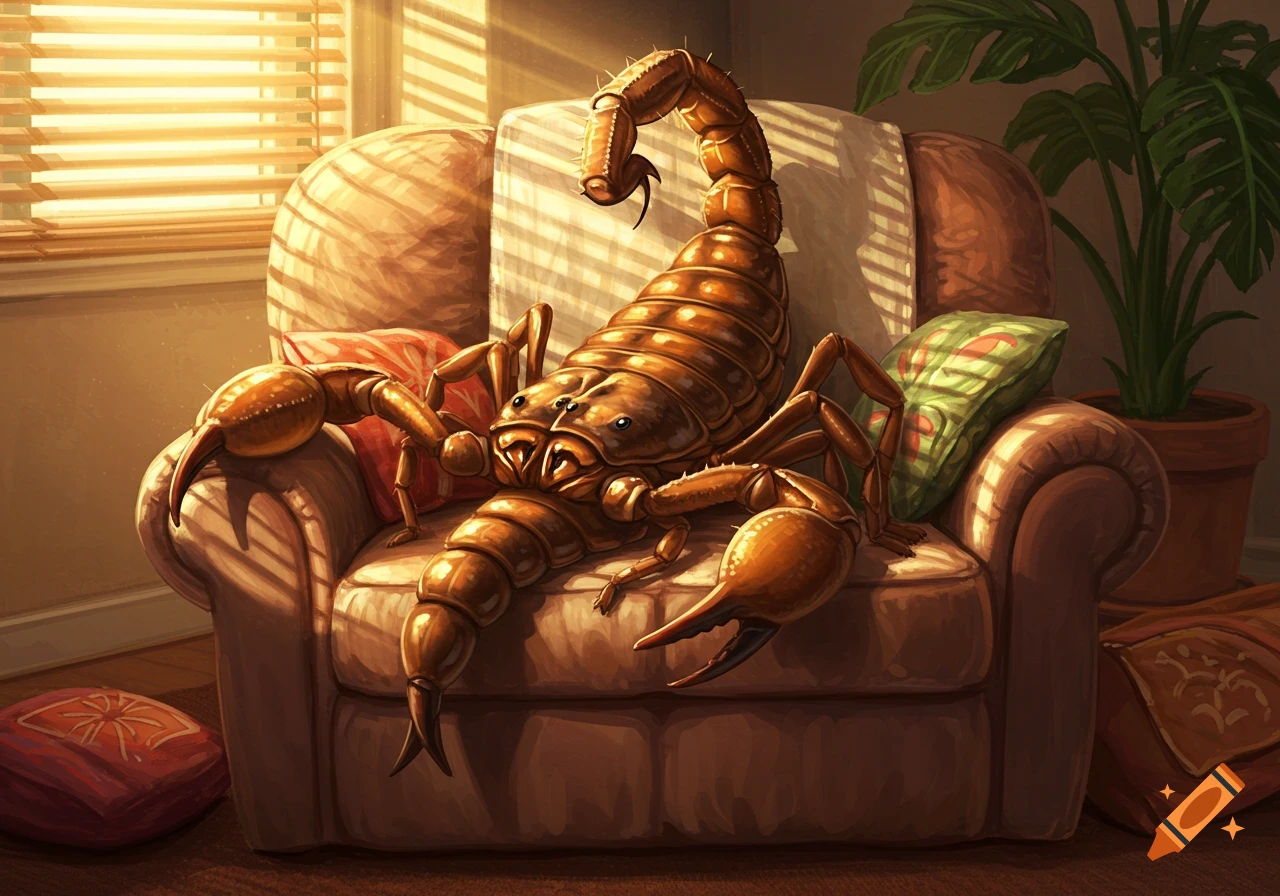 A large, brown, stylized scorpion rests comfortably on a plush armchair in a sunlit room with blinds and a potted plant.