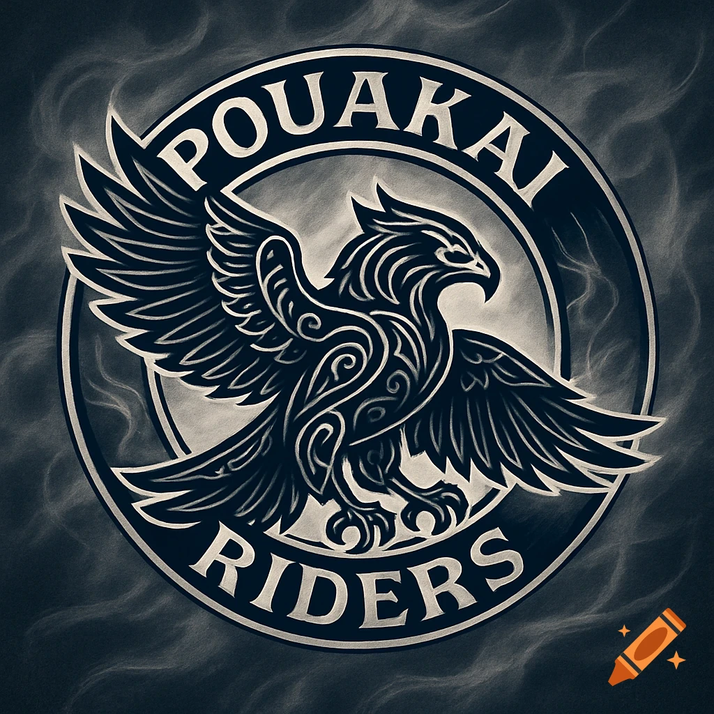 Stylized black and white eagle emblem for 'Pouakai Riders' with ornate details on a smoky background.