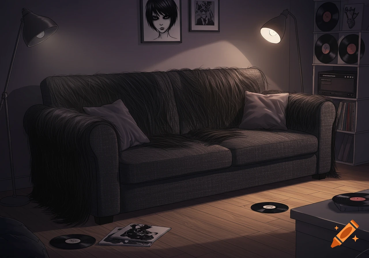 A dark, moody room with a sofa covered in black shaggy hair, two floor lamps, and a shelf of vinyl records.