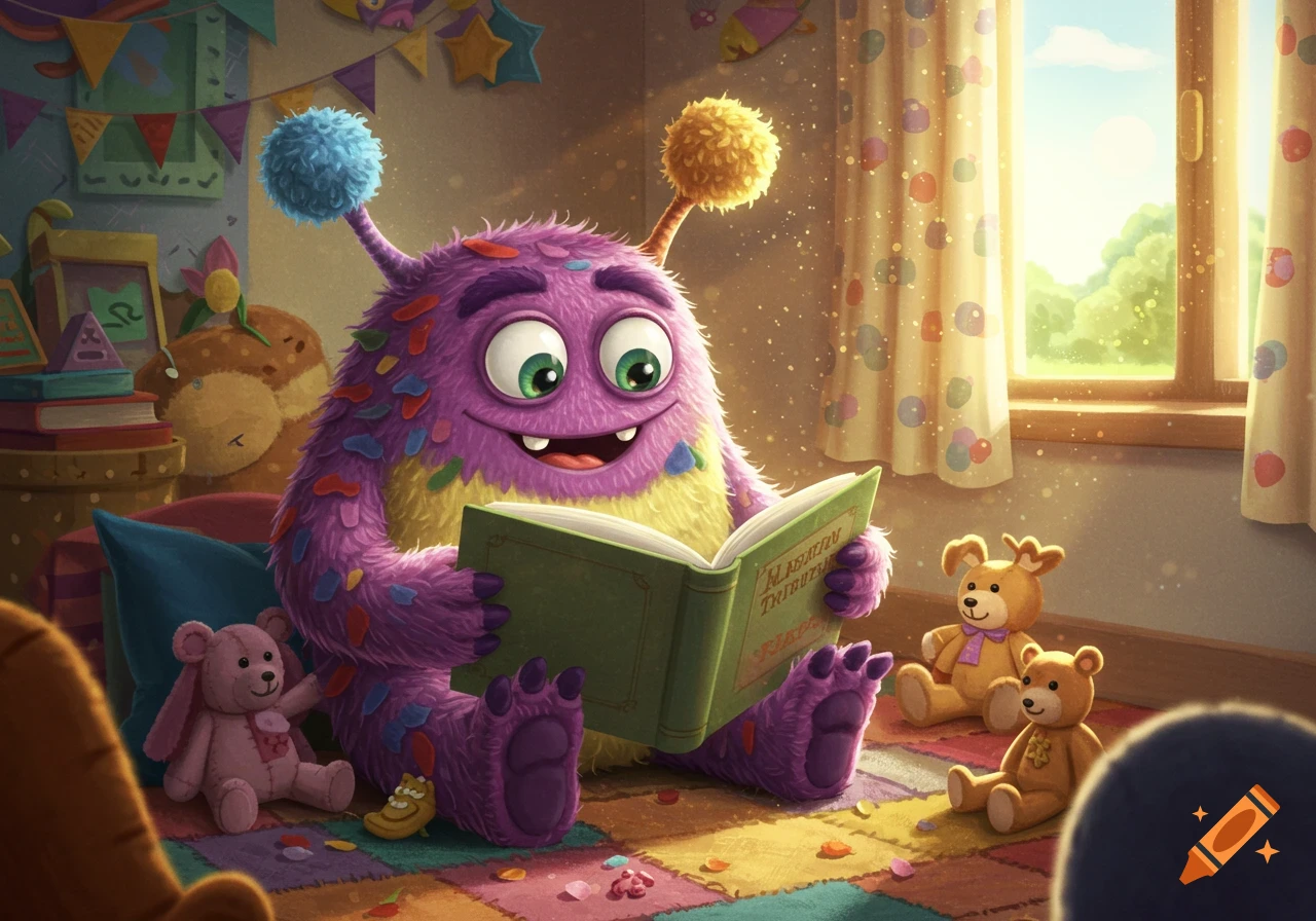 A happy purple felt monster with big green eyes reads a book, sitting on a colorful rug in a sunny room surrounded by teddy bears.