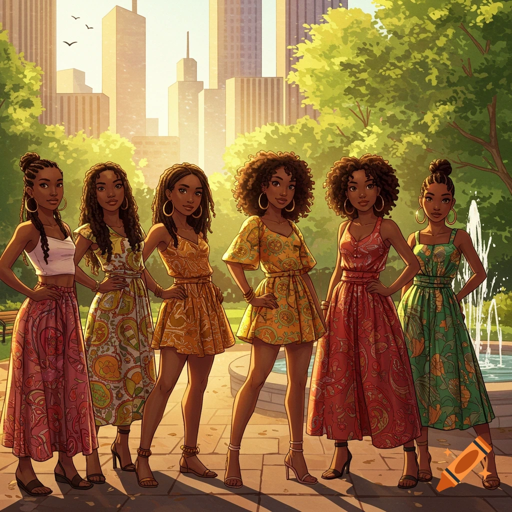 Six Black women in colorful patterned dresses stand in a sunny park with city buildings in the background, in a stylized illustration.