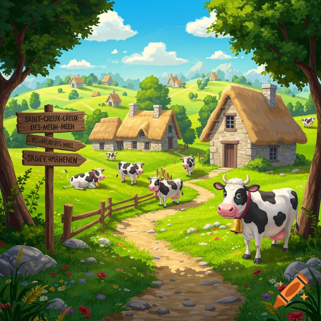 A cartoon farm scene with black and white cows grazing near a village of stone houses with thatched roofs, a dirt path, and a wooden signpost.