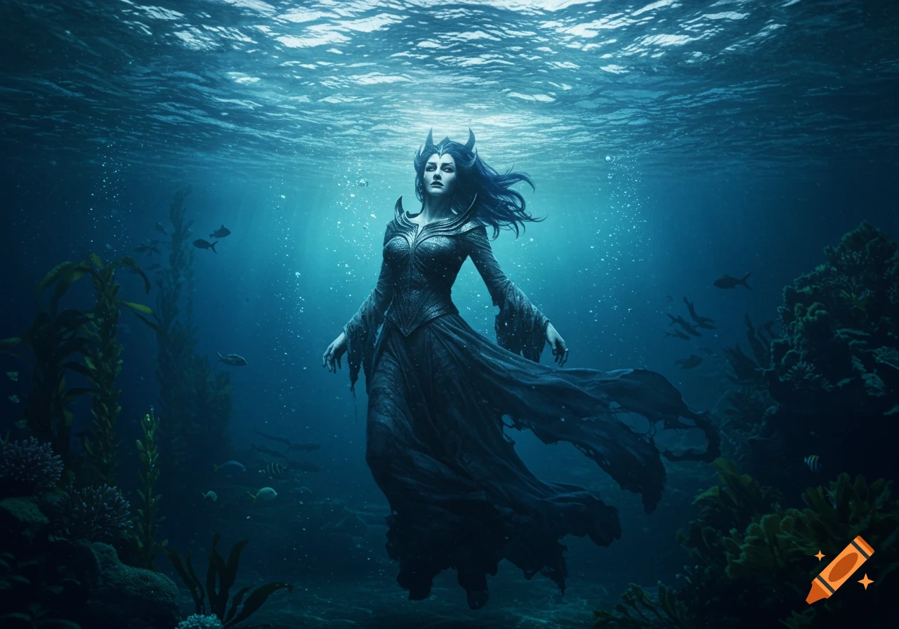 A dark villainess with horns and a flowing gown floats gracefully underwater, surrounded by seaweed and fish, with surface light.