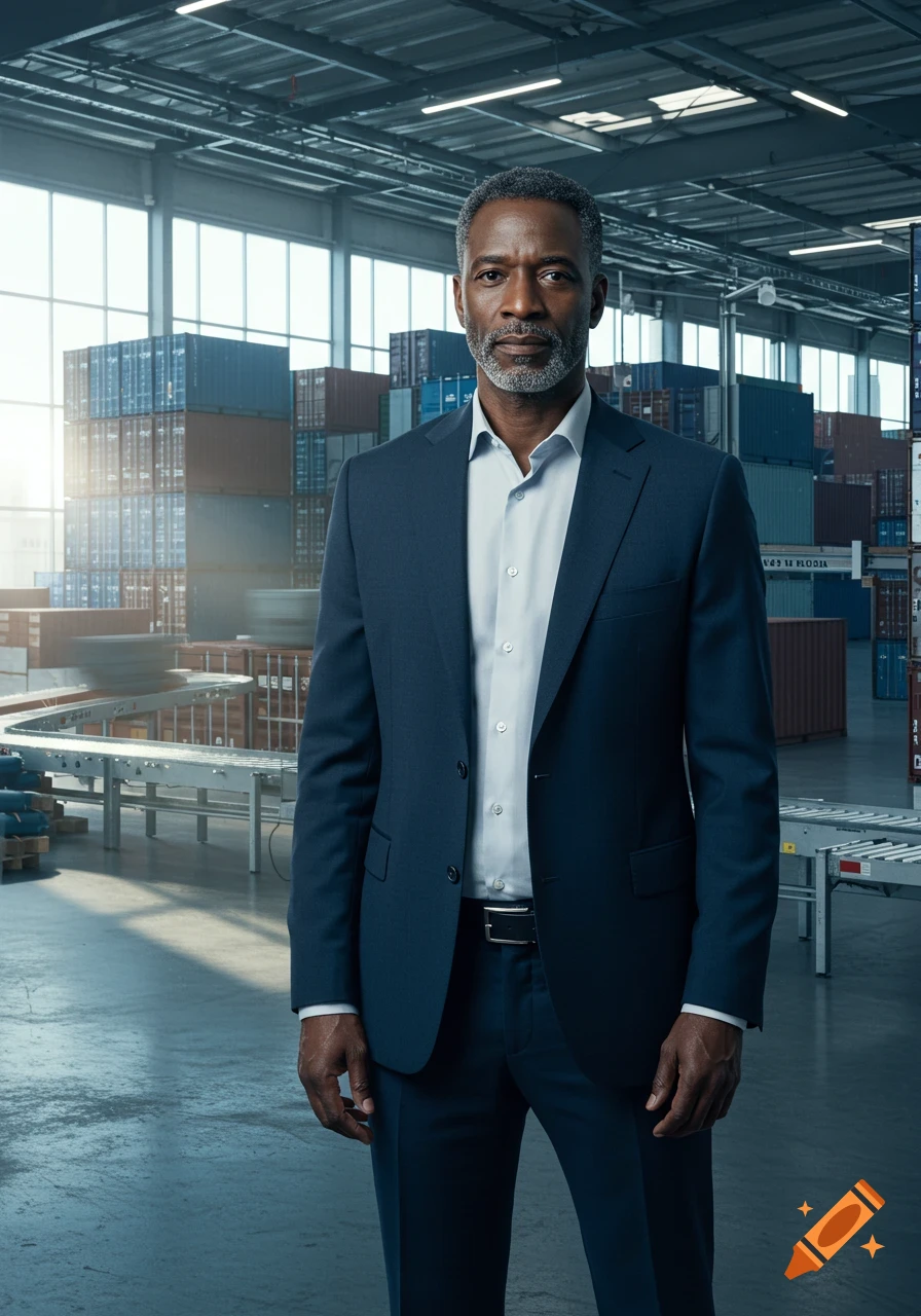 A man in a dark suit and light shirt stands confidently in a modern logistics warehouse with stacked shipping containers and conveyor belts.