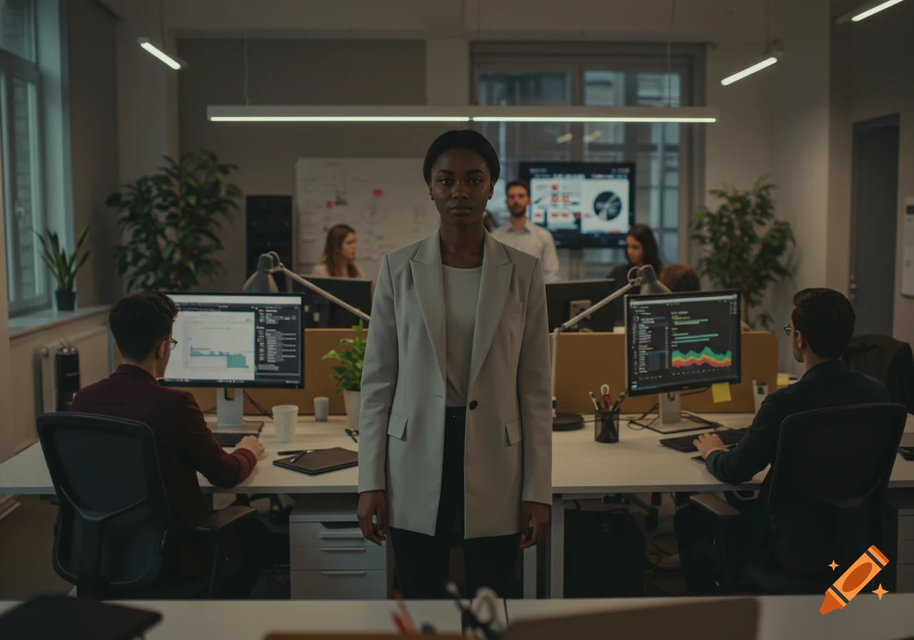 A serious Black woman in a light blazer stands in the center of a modern office where colleagues work at computers.