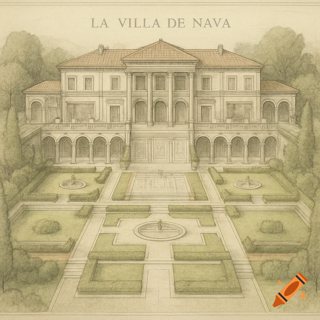 An architectural drawing of a grand classical villa with formal terraced gardens, titled 'LA VILLA DE NAVA'.