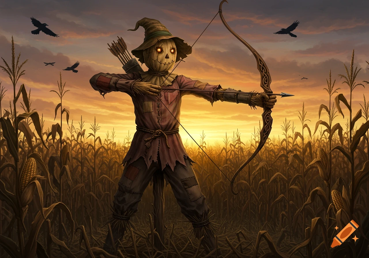 A scarecrow with glowing eyes aims a bow and arrow in a cornfield at sunset, with crows flying overhead.