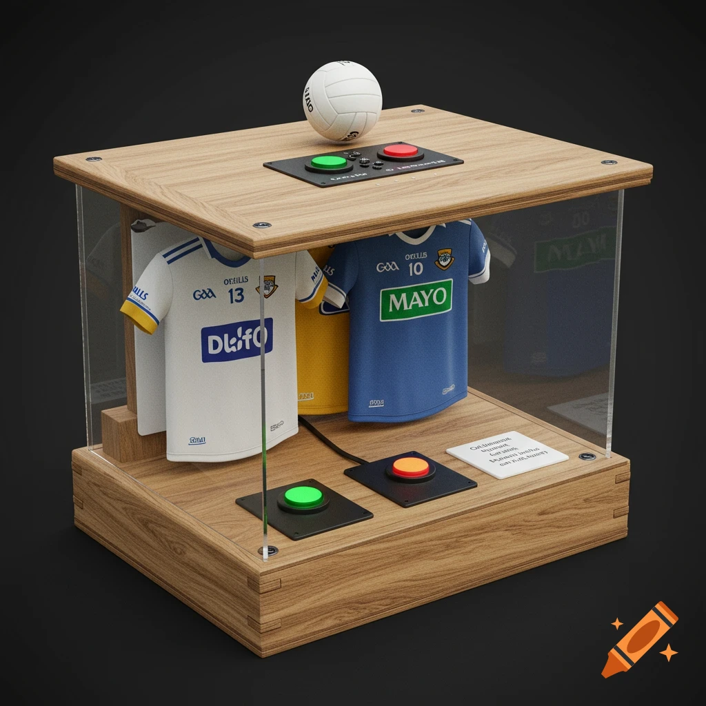 A photorealistic rendering of a wooden display box with clear acrylic sides, containing white and blue Gaelic football jerseys, a Gaelic football, and control buttons.