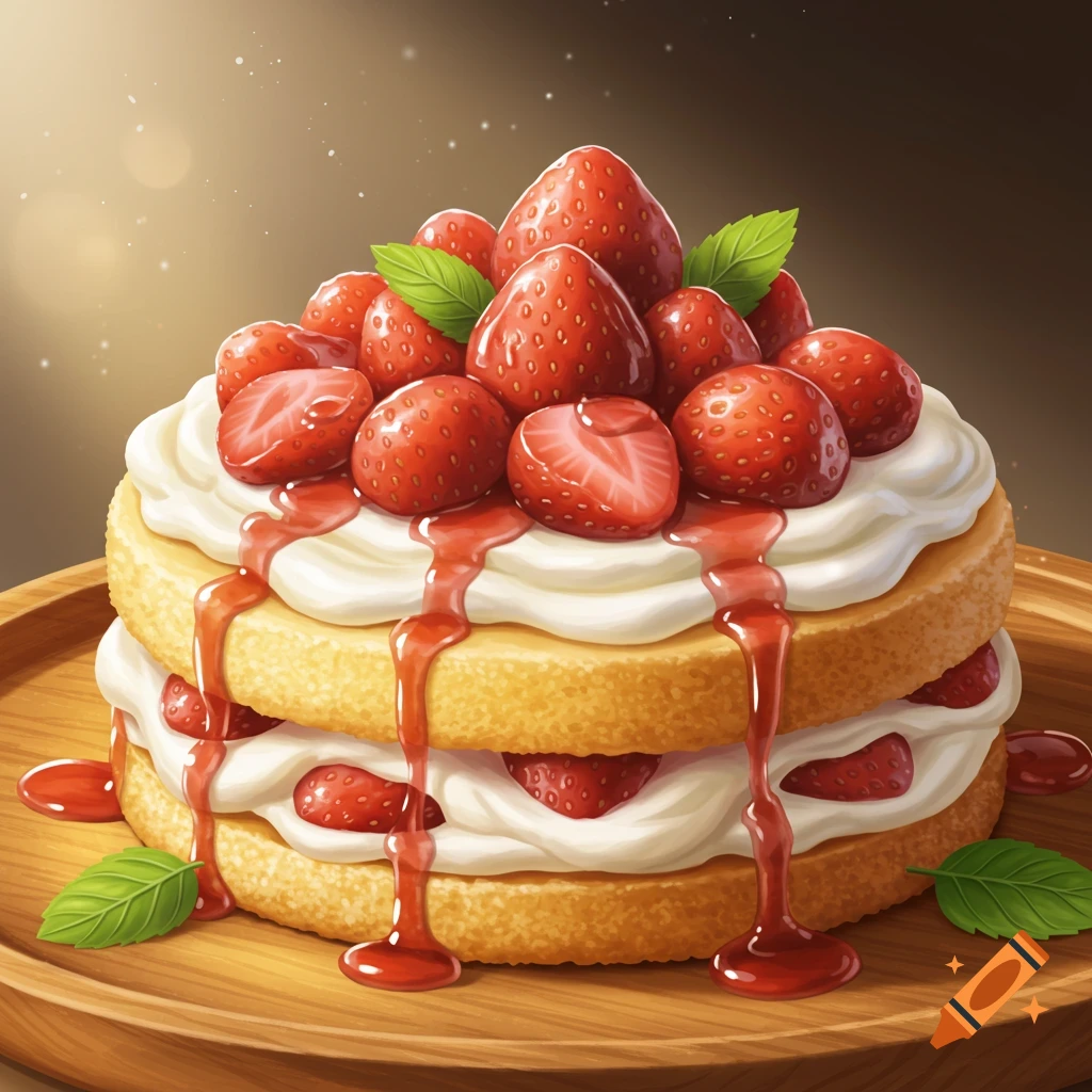 A vibrant, stylized illustration of a strawberry shortcake with cream, whole and sliced strawberries, and strawberry syrup on a wooden plate.